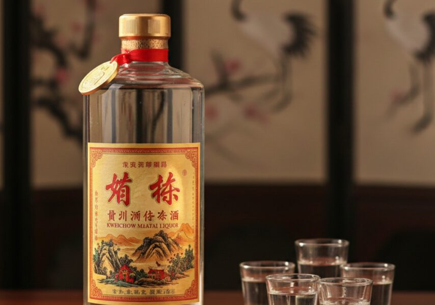 Flasche Kweichow Moutai Likör mit goldener Medaille und Schnapsgläsern im Hintergrund.