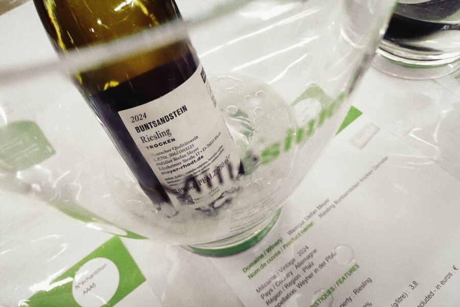 Flasche 2024 Buntsandstein Riesling trocken in einem Weinglas mit Blasen.