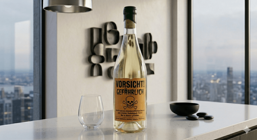 Ein Flaschenetikett mit „Vorsicht! Gefährlich“ und Totenkopf steht neben einem Weinglas vor Stadtblick, passend zum Beitrag über Wein im Kreuzfeuer.