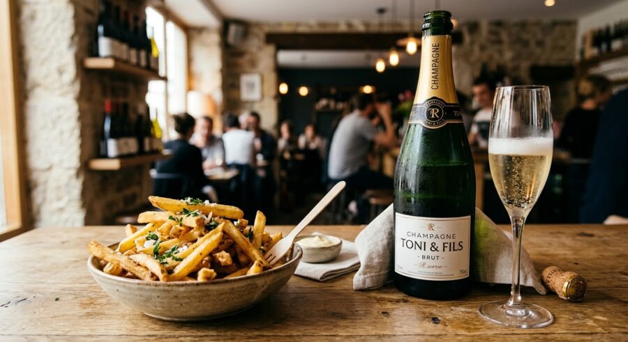 Ein Glas Champagner Brut steht neben einer Flasche Toni & Fils zu einer Schale Pommes frites auf einem Holztisch in einem lebhaften Lokal.