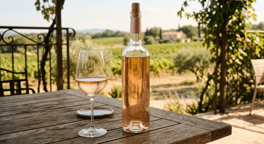 Ein roséfarbener Wein steht neben einem gefüllten Glas auf einem Holztisch vor einem sonnigen Weinberg und vermittelt sommerliche Leichtigkeit.