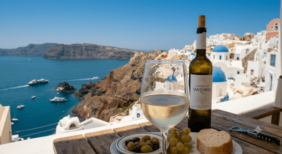Ein Glas Weißwein und eine Flasche Assyrtiko Santorini stehen vor den weiß-blauen Häusern über dem Meer.