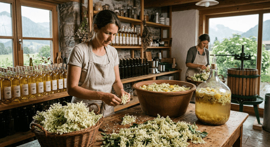 Zwei Frauen verarbeiten Holunderblüten in einer rustikalen Küche mit großen Glasballons und Flaschen im Allgäu.