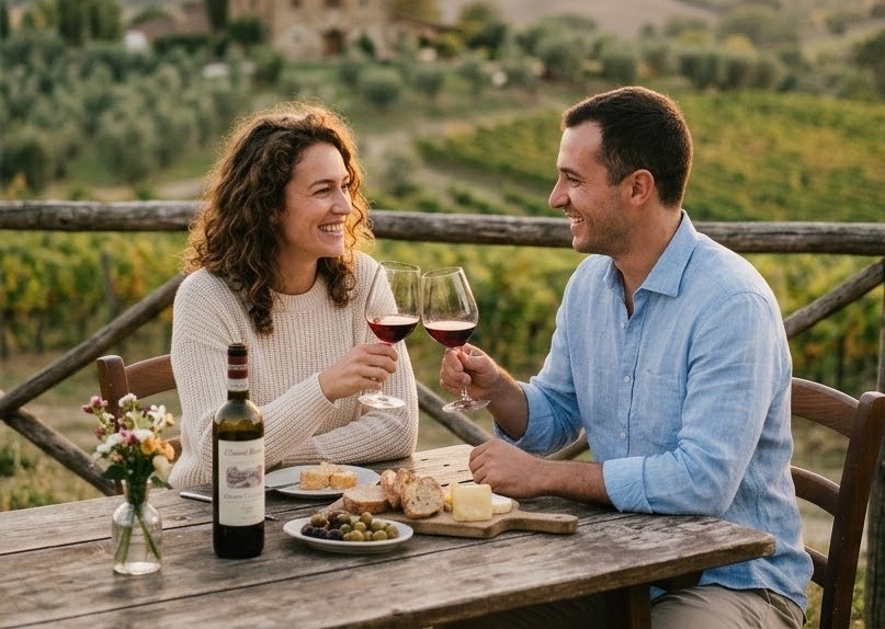 Ein Paar stößt auf einer Terrasse mit Blick über Weinberge bei einem bewussten Weingenuss mit zwei Gläsern Rotwein an.