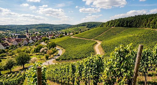Grüne Weinberge an der Hessischen Bergstraße mit geschwungenem Weg, Dorfkirche und bewaldeten Hängen im sonnigen Tal